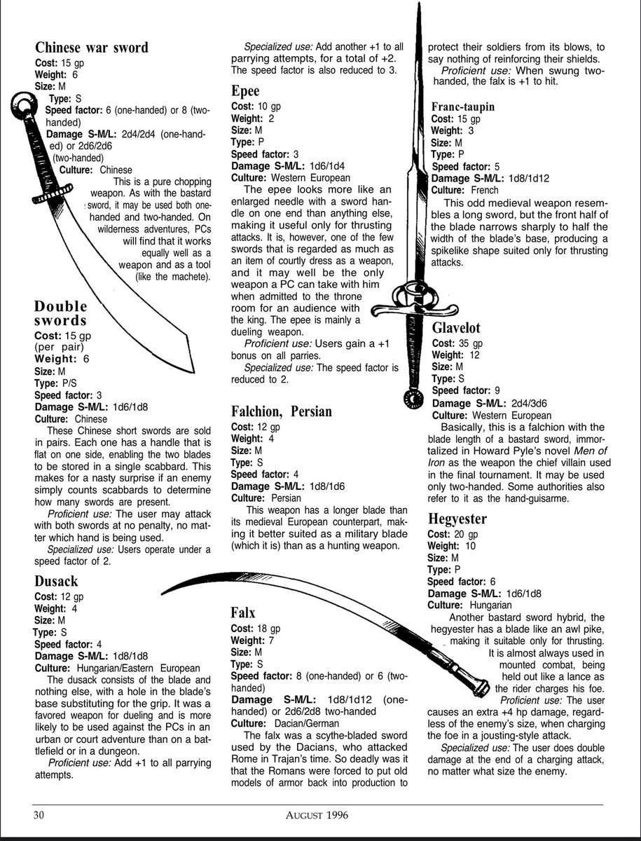 YoDanno's tweet photo. Check out this awesome variety of swords in #DnD
Some of these I’ve never seen before!

Another beauty from Dragon Magazine 232
A Flurry of Swords
Gregory W. Detwiler
A sword is a sword is a sword. Right? https://t.co/elEFfjssNX