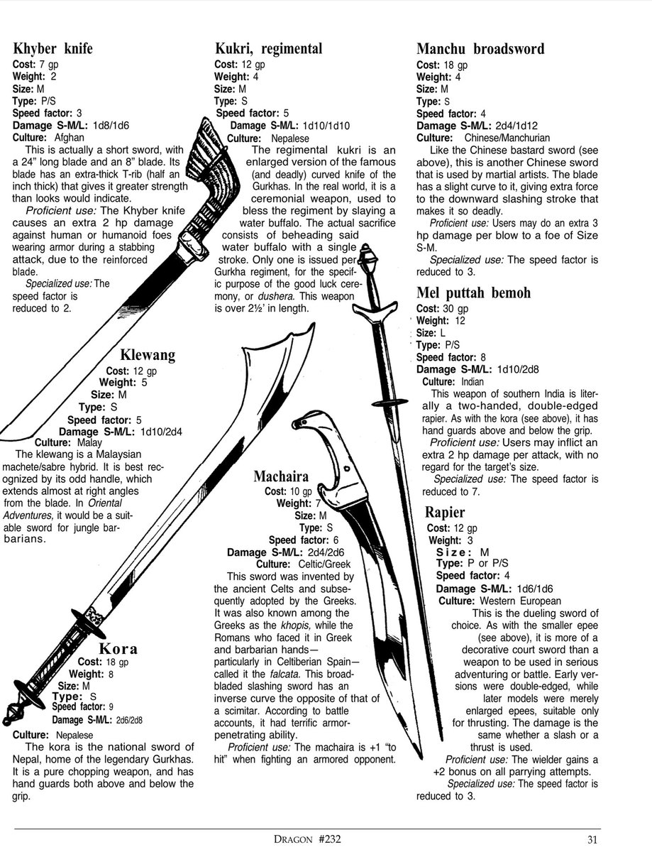 YoDanno's tweet photo. Check out this awesome variety of swords in #DnD
Some of these I’ve never seen before!

Another beauty from Dragon Magazine 232
A Flurry of Swords
Gregory W. Detwiler
A sword is a sword is a sword. Right? https://t.co/elEFfjssNX