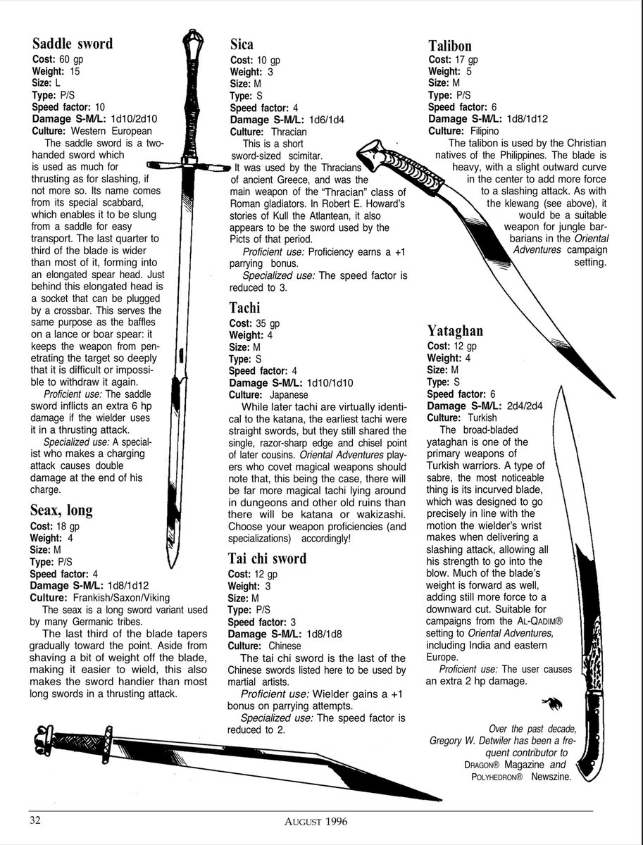 YoDanno's tweet photo. Check out this awesome variety of swords in #DnD
Some of these I’ve never seen before!

Another beauty from Dragon Magazine 232
A Flurry of Swords
Gregory W. Detwiler
A sword is a sword is a sword. Right? https://t.co/elEFfjssNX