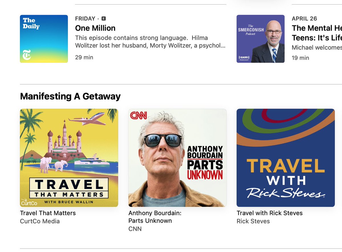 Nice to see Travel That Matters featured alongside #anthonybourdain and #ricksteves on Apple Podcasts. Great timing, too, because we have a couple of fantastic episodes with <a href="/Geoffrey_Kent/">Geoffrey Kent</a> and Crystal Vinisse Thomas in the top two spots. podcasts.apple.com/us/podcast/tra… @travelwithbruce