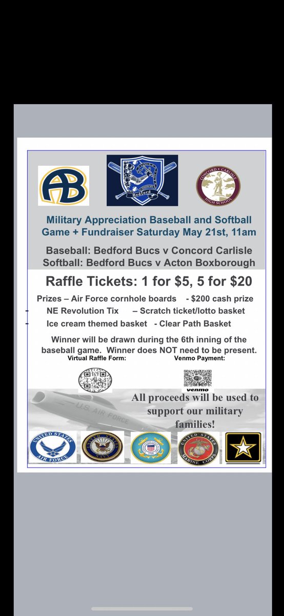 Bedford (MA) HS Baseball (@bucs_baseball) on Twitter photo Please consider entering our raffle to support military families. Great prizes. Winners will be drawn Saturday at our Military Appreciation Baseball game vs @CCHSVbaseball <a href="/BrianRoachJr/">Brian Roach, Jr.</a> <a href="/GlobeSchools/">Boston Globe Schools</a> <a href="/BostonHeraldHS/">Danny Ventura</a> <a href="/BedfordBucs/">BedfordBucs</a> <a href="/Bedford_Citizen/">The Bedford Citizen</a> <a href="/LowellSunSports/">Lowell Sun Sports</a> @A_B_Athletics Please consider entering our raffle to support military families. Great prizes. Winners will be drawn Saturday at our Military Appreciation Baseball game vs @CCHSVbaseball <a href="/BrianRoachJr/">Brian Roach, Jr.</a> <a href="/GlobeSchools/">Boston Globe Schools</a> <a href="/BostonHeraldHS/">Danny Ventura</a> <a href="/BedfordBucs/">BedfordBucs</a> <a href="/Bedford_Citizen/">The Bedford Citizen</a> <a href="/LowellSunSports/">Lowell Sun Sports</a> @A_B_Athletics