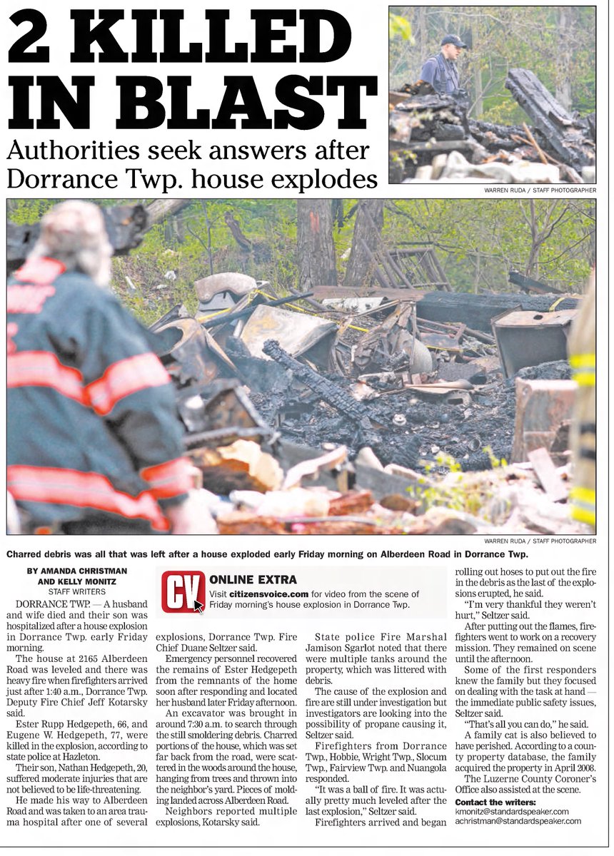 PennPyro's tweet photo. Today in 2019, a man and woman died when their house exploded in Dorrance Township. Cause #undetermined.
It was 10 miles from where the #FurnaceStreet #explosion and #fire would claim 4 in 2022.
#serialbomber #PennsylvaniaPyro @achristman12 @standardspeaker @CitizensVoice https://t.co/CZ5xUepPNW