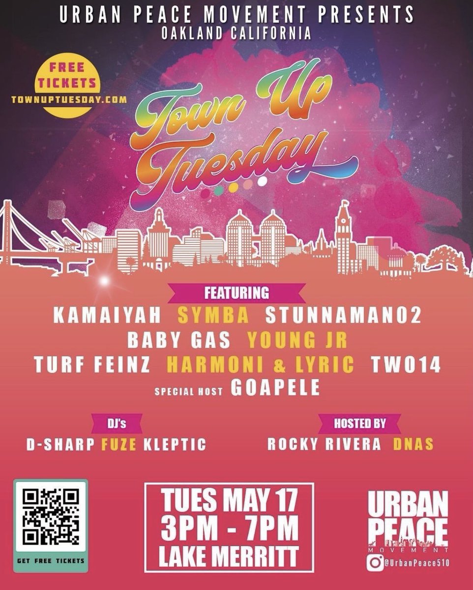 Tomorrow will be a great day to be from the Bay. Get your free Tix. 
@bayareaalert 
@kamaiyah 
@therealsymba 
@babygas 
@youngjr 
@theturffeinz 
@two14music 
@harmoniandlyric 
@goapele 
@djdsharp 
@djfuze_du 
@stealtheshow 
@dnastee 
@rockyrivera 
@timhouse
