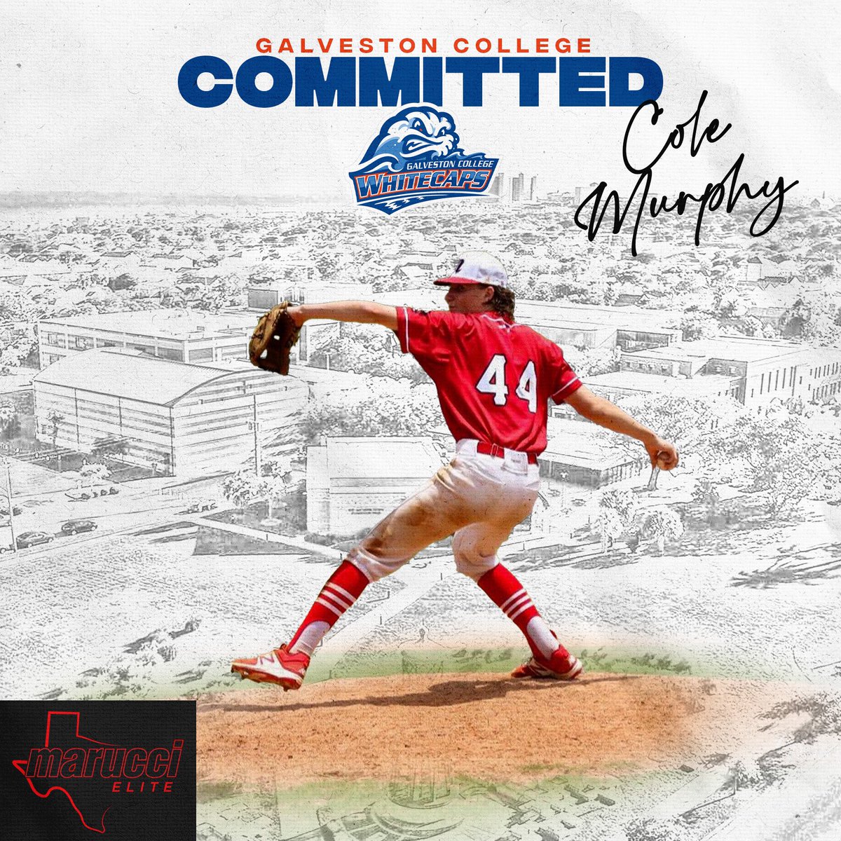 RecruitMETx's tweet photo. Congratulations to 2022 @colejmurphy44 on his commitment to Galveston College!   Thank you for choosing to be part of the @MarucciEliteTX family!  Look forward to watching you on the 🏖!  
#MarucciFamily https://t.co/0IIYGZyxWq