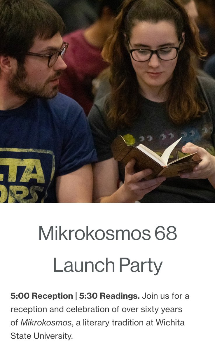 HAPPENING THURSDAY ⏬⏬⏬⏬

Join us for the Mikrokosmos 68 Release Party.

Reception with food and drink begins at 5pm. 
Readings begin at 5:30pm.

The event will be hosted by the Ulrich Museum of Art in the McKnight Atrium!

Come celebrate over sixty years of literary tradition
