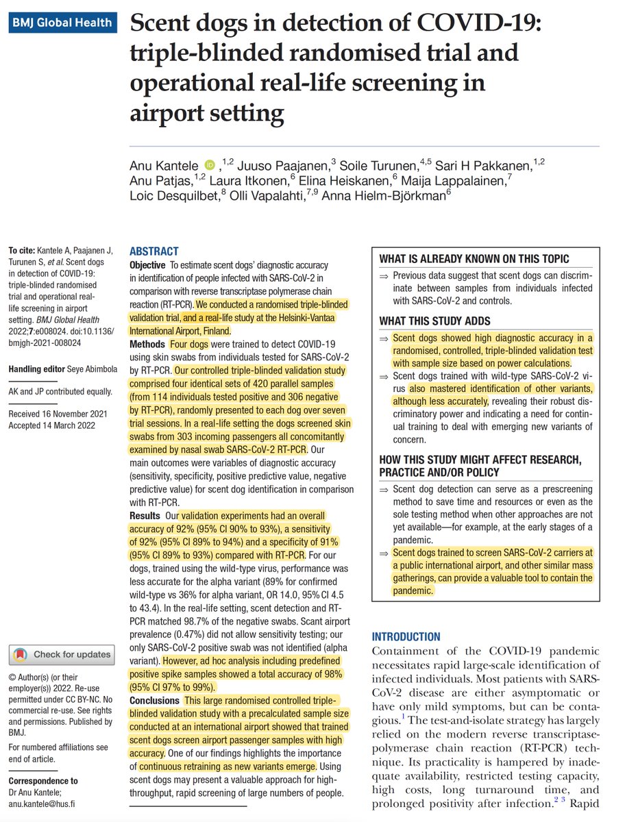 It's really striking how well trained scent dogs can detect Covid (and #LongCovid): a randomized controlled, triple-blinded validation trial and real life study at in airport. They need to get retrained for diff't variants globalhealth.bmj.com/lookup/doi/10.… <a href="/GlobalHealthBMJ/">BMJ Global Health</a> <a href="/HelsinkiUniMed/">Medicine and Health, University of Helsinki</a>