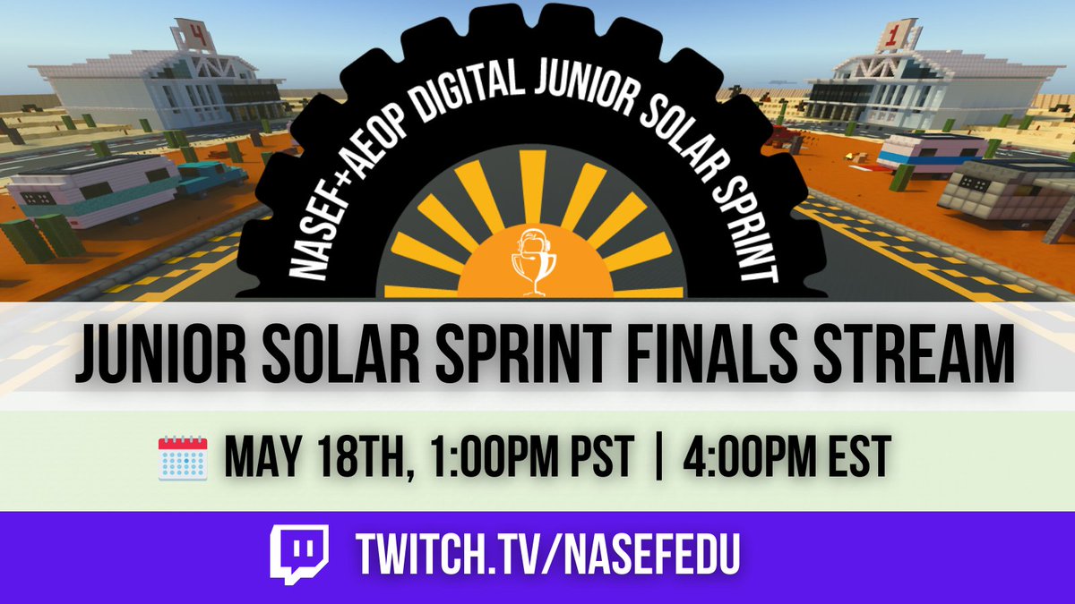 NASEFedu's tweet photo. Join us this week for our Junior Solar Sprint Finals stream - highlighting the finalists in the digital #solarvehicle competition!
🗓️ May 18, 2022 @ 1PM PT / 4PM ET
🔗 https://t.co/iQJdsG5YJ8
@USAEOP #JSS #JuniorSolarSprint #AEOP #STEM https://t.co/ceKONmGTBJ