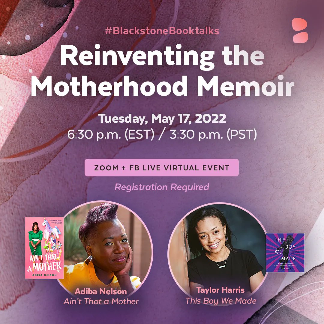 BlackstoneAudio's tweet photo. In the mood for in-depth digital discussion? Join #AINTTHATAMOTHER author @adibanelson + #THISBOYWEMADE author @thurris for tomorrow’s 5.17 #BlackstoneBooktalks roundtable "Reinventing the Motherhood Memoir”.

✅RSVP: https://t.co/AGinLoa8Jt
👉DETAILS: https://t.co/vY1UiKT25j https://t.co/QShoIeG6uM