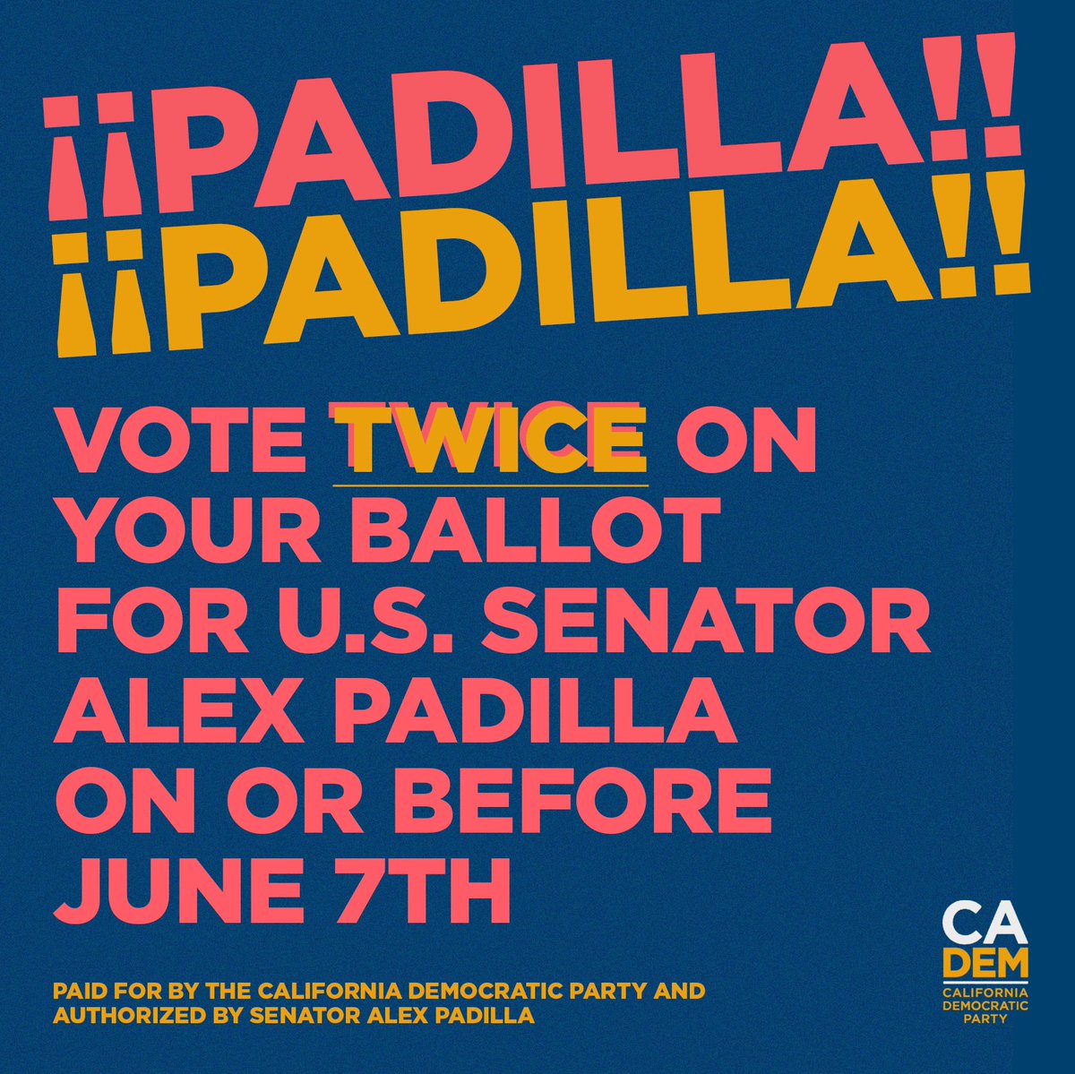 CA_Dem's tweet photo. Ballots dropped one week ago, so remember to vote for Alex Padilla TWICE for both REGULAR and SPECIAL Senate elections! It's up to us to make sure Padilla is elected as our Senator. Sign this petition and pledge your support of Padilla: 🔗https://t.co/CPOeVSs0eV🔗 #PadillaPadilla https://t.co/FEUwY2VX3k