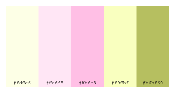 ColPaletteBot's tweet photo. Beep beep, here's a pretty color palette for you!
color-scheme.js parameters used:
- hue: 337
- variation: light
- colors: #fdffe6, #ffe6f5, #ffbfe5, #f9ffbf, #b6bf60
Have a lovely evening!
#twitterbot #colorpalette #colors #palette #prettycolors https://t.co/Oaqg6IaGJg