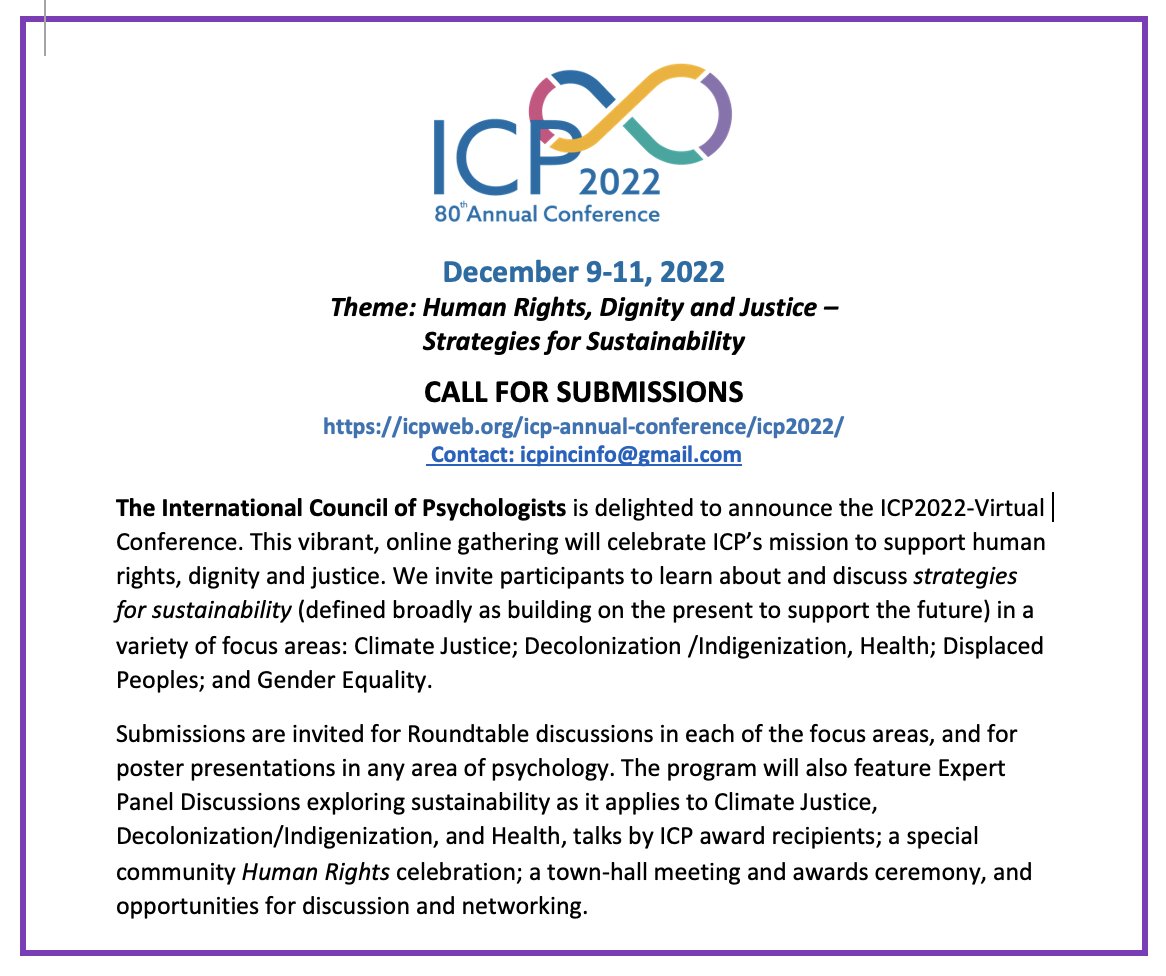 IntlCouncPsych's tweet photo. ICP2022 Virtual Conference - December 9-11. Human Rights, Dignity &amp; Justice - Strategies for Sustainability. https://t.co/JyEfEcadkH
#icp2022conference https://t.co/GUkXRdEWO6