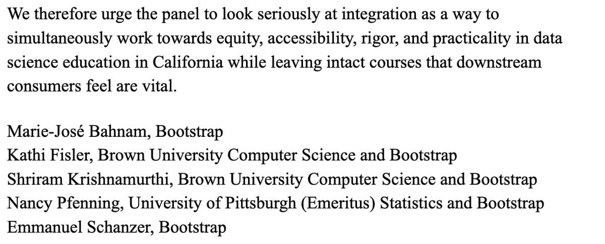 Bootstrapworld's tweet photo. There has been a lot of discussion about the proposed new California math standards. Here's our position.

Short version: we are surprised there isn't more discussion of integration, which lets CA have its cake and eat it too, dodges future costs, and avoids schism. #DataScience https://t.co/iazZyNCJut