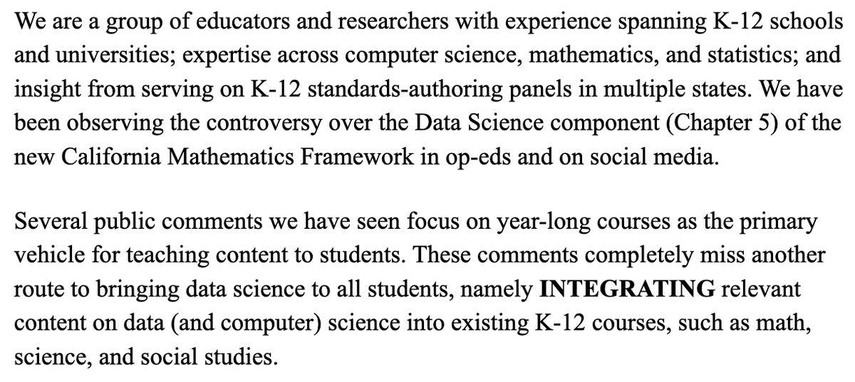 Bootstrapworld's tweet photo. There has been a lot of discussion about the proposed new California math standards. Here's our position.

Short version: we are surprised there isn't more discussion of integration, which lets CA have its cake and eat it too, dodges future costs, and avoids schism. #DataScience https://t.co/iazZyNCJut