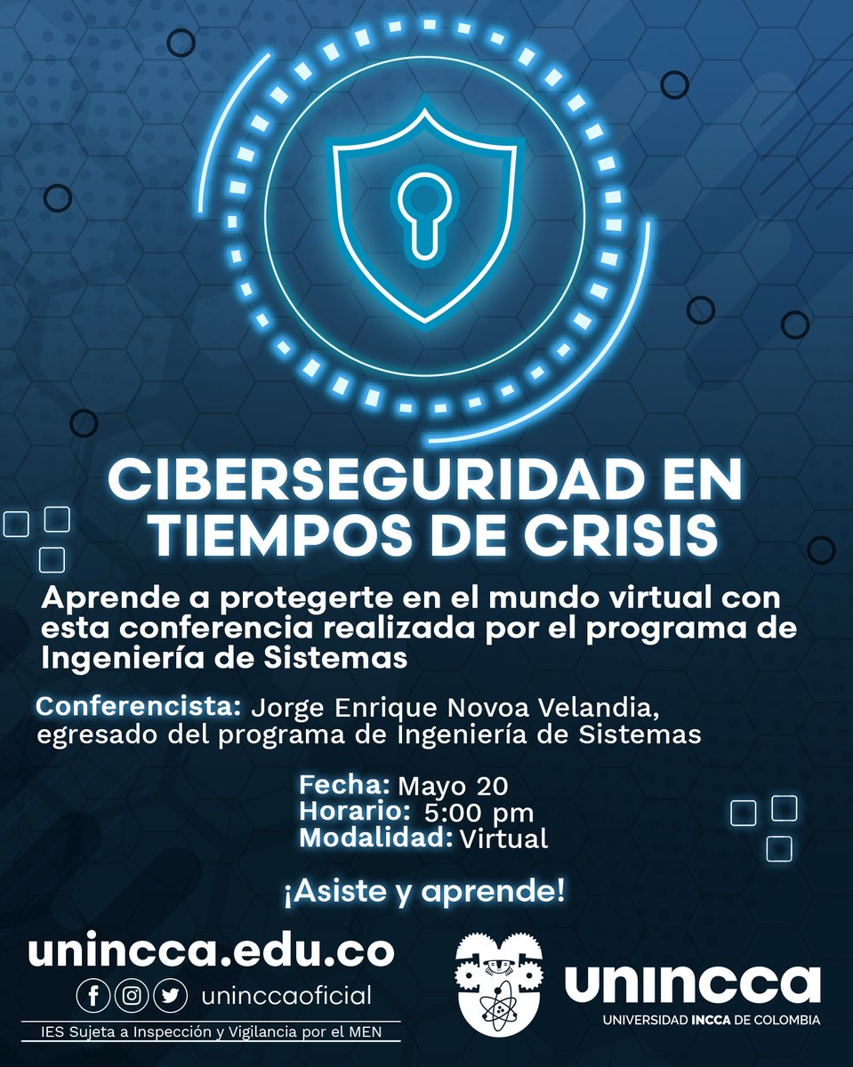 uninccaoficial's tweet photo. ¿Conoces los riegos de internet? Aprende como hacer un uso sin riesgos de los medios digitales en la conferencia "Ciberseguridad en Tiempos de Crisis" realizada por el programa de Ingeniería de Sistemas a través de Google Meet ¡No faltes!
Más información→ https://t.co/B3RBIOFj7a https://t.co/LQVtux0qGp