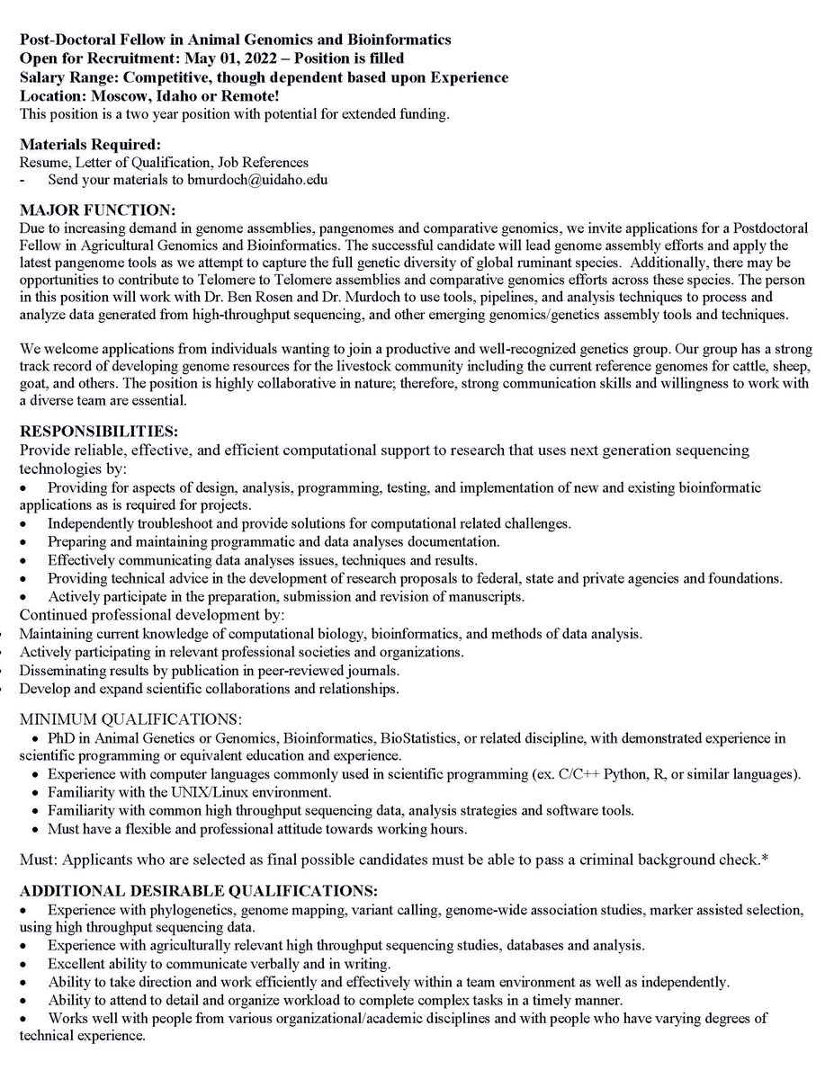 ben_d_rosen's tweet photo. We're recruiting a #postdoc to work on #genome assembly, #pangenomes, &amp; comparative genomics of ruminants. DM/email me (ben.rosen@usda.gov) or Brenda Murdoch (bmurdoch@uidaho.edu) 
#sciencejobs,#T2T,#pangenome,#bioinformatics,#ComputationalBiology,#postdocjobs
Please RT - thanks! https://t.co/p3xmPxuFGN