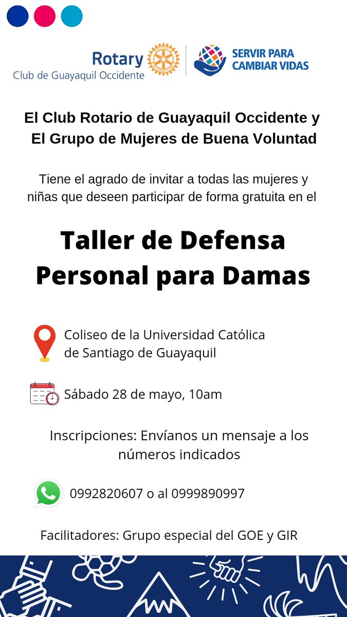 RCGyeOccidente's tweet photo. #Mujeres #niñas #jovenes están invitadas al #taller gratuito de #defensapersonal para damas que se realizará el sábado 28 de mayo a las 10am en el coliseo de la #UCSG
Escríbenos o regístrate en el link https://t.co/EAxDF1yef6 
#rotary #clubrotario #distrito4400 #Guayaquil https://t.co/QSUD4iQTY7