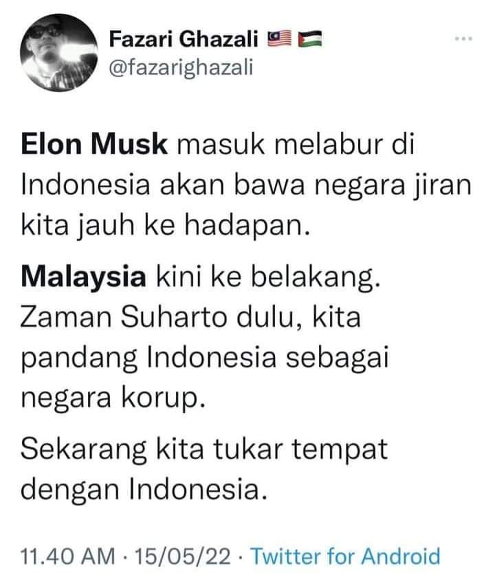 MurtadhaOne1's tweet photo. Cuitan2 netijen Malaysia yg ngiri dgn Indonesia krn pak Jokowi bertemu dgn Elon Musk.... https://t.co/owPxtJtf7v