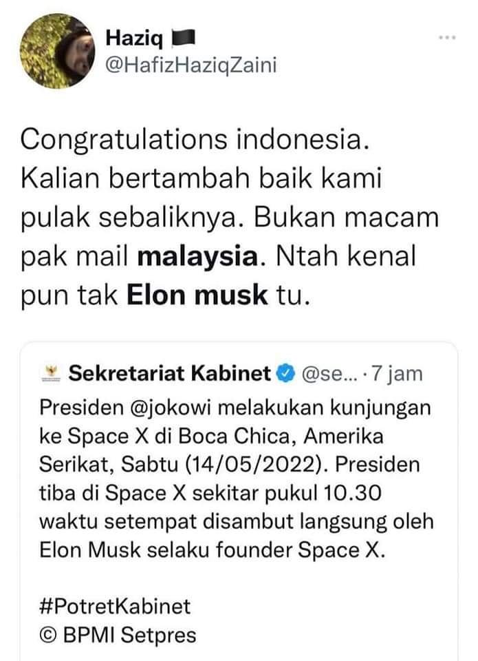 MurtadhaOne1's tweet photo. Cuitan2 netijen Malaysia yg ngiri dgn Indonesia krn pak Jokowi bertemu dgn Elon Musk.... https://t.co/owPxtJtf7v