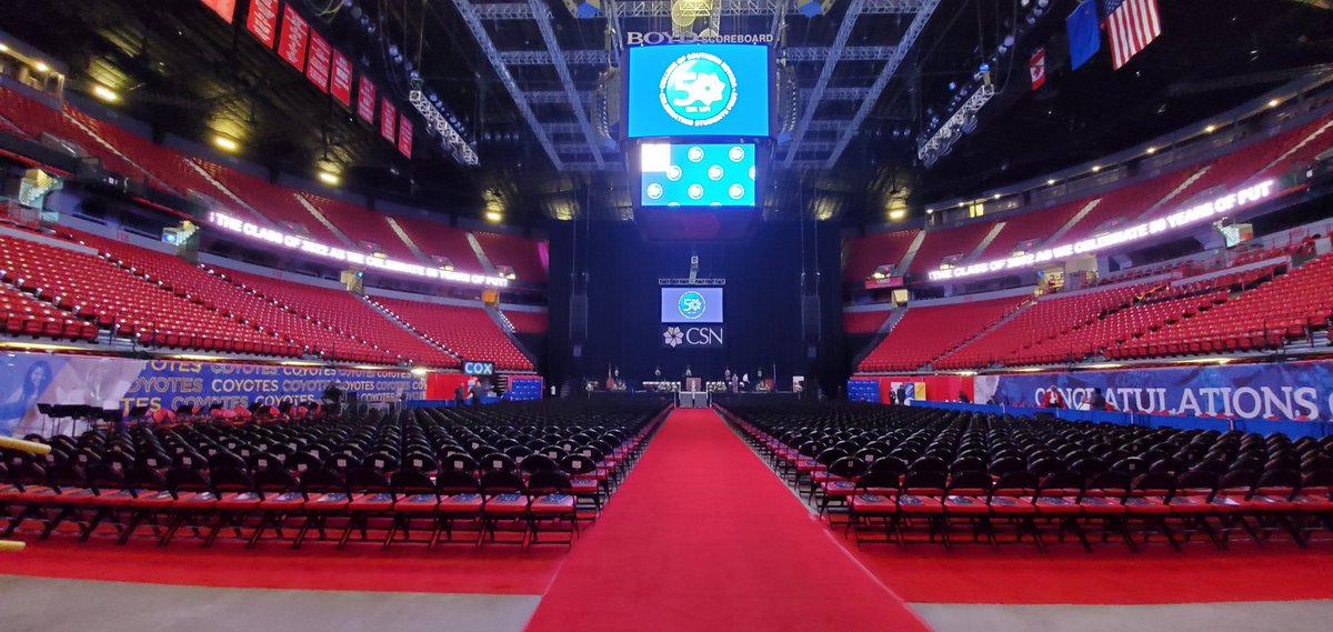 ProfMcCoy's tweet photo. We are gearing up for the @CSNCoyote commencement ceremony tonight at the Thomas & Mack! The stage is set, the graduates are beginning to assemble & we are ready to graduate a record number of graduates--CSN is graduating 4,298 students into our community! #CSNGrad #CSN50 https://t.co/RV3h4beWDx