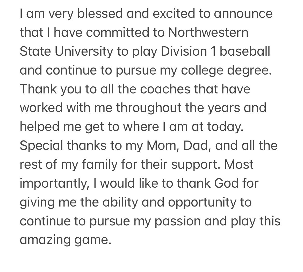 cole_hill_27's tweet photo. I am very blessed and honored to announce that I have committed to continue my academic and athletic career playing D1 baseball for Northwestern State University in Louisiana! @NSUDemonsBSB @RejoiceBaseball @Sandlot_Tulsa @GoldenNorsemen https://t.co/5vn5tHt4Vw