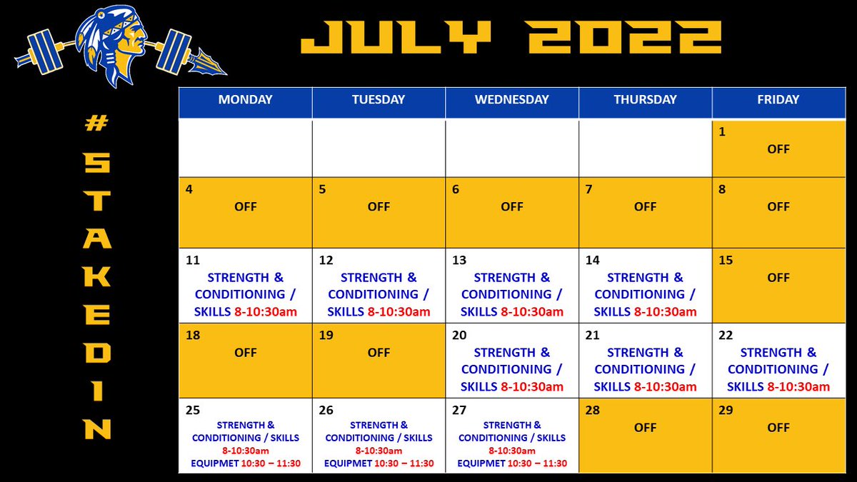 CHSBraveFB's tweet photo. Build the BLUE - Summer Strength & Conditioning/Skills 2022
📍CHS Athletic Facility/Stadium
🗓 June 6 - July 29th* (calendar ⬇️)
👤Incoming CISD 7th - 12th
⏰ 8am - 10am (skills to follow)
Registration Link: https://t.co/F62LrCsiLA
#LACONEJO | #StakedIn https://t.co/IVMUs2Dmg3