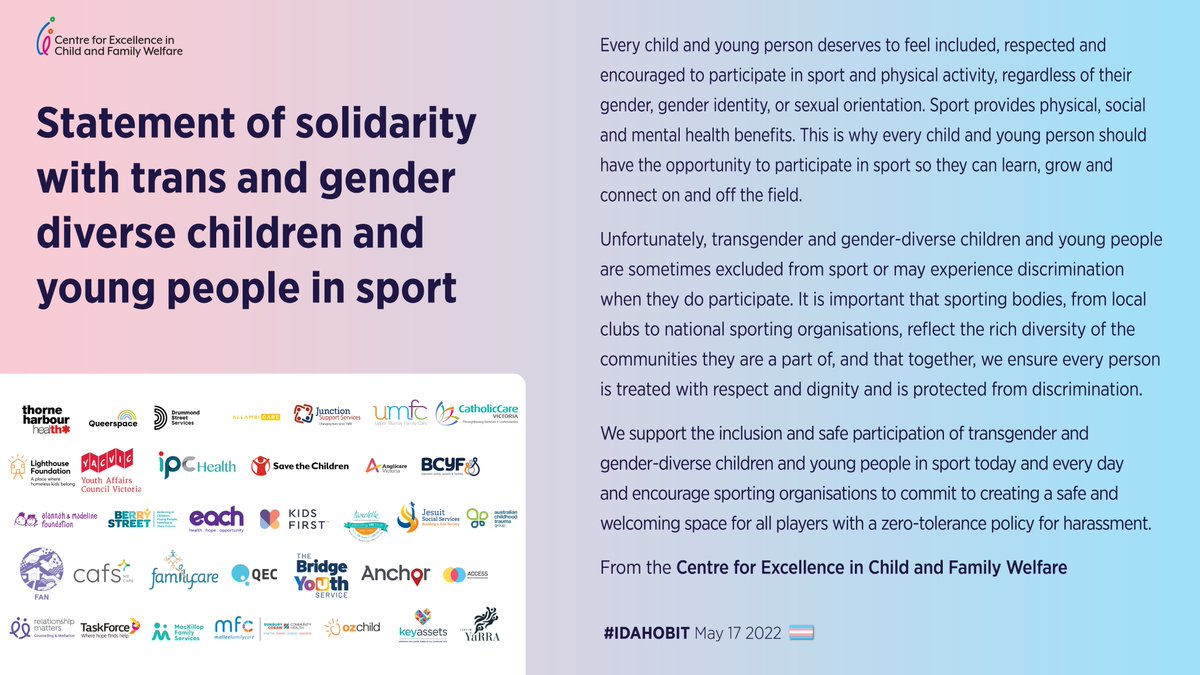Today is #IDAHOBIT2022 a day to celebrate rainbow communities and challenge LGBTIQA+ discrimination.

We stand in solidarity with trans and gender-diverse children and young people in sports and support their right to feel included, respected, and encouraged to participate.🏳️⚧️🏳️‍🌈