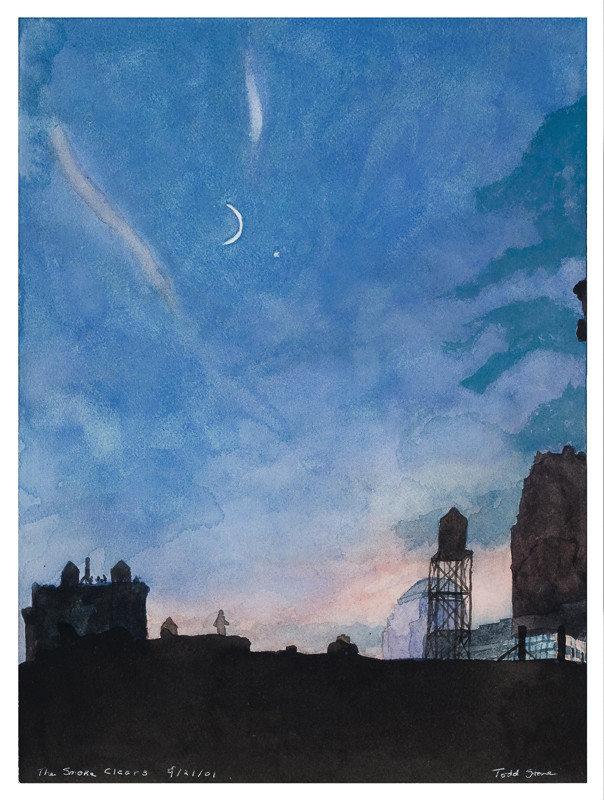 ToddStoneStudio's tweet photo. The Smoke Clears 9/21/01 2001 Watercolor 12 x 9
From my window..
Crescent and star in emptied sky
#oneaday #dailyart #watercolor #wtc #roofscape #Cityscape #artistinspiration #toddstonestudio #nyartist #artoftheday #artist #contemporaryart #artwork #fineart #finearts #art https://t.co/uRAkEE8Z7m