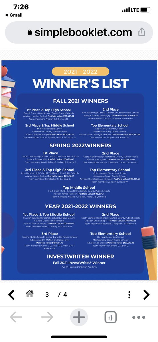 Congratulations to Caroline G. and Ben C. and their advisor Ms. Green! They were recognized tonight as the Top Elementary School in the State of Va Stock Market Game!