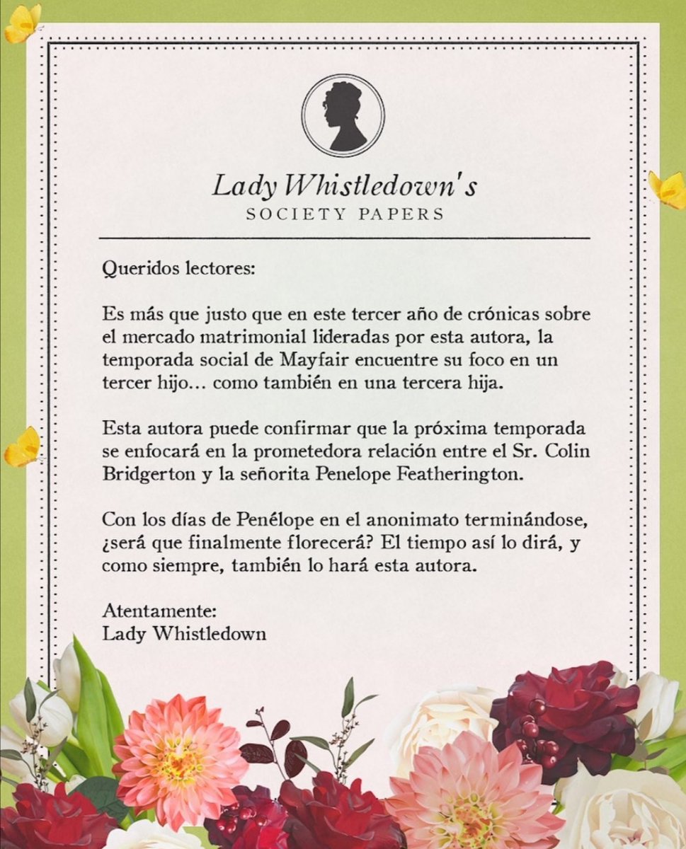 BooksandSoOn1's tweet photo. ¡Lady Whistledown ha vuelto! ✨
Esta vez, anunció que la tercera temporada de @bridgerton se enfocará en la historia de Colin Bridgerton y Penelope Featherington.

#booksandsoon #Bridgerton #libro #serie #lectores #book #new #bookclub #Netflix #series #LadyWhistledown https://t.co/S6BYRqBMeV