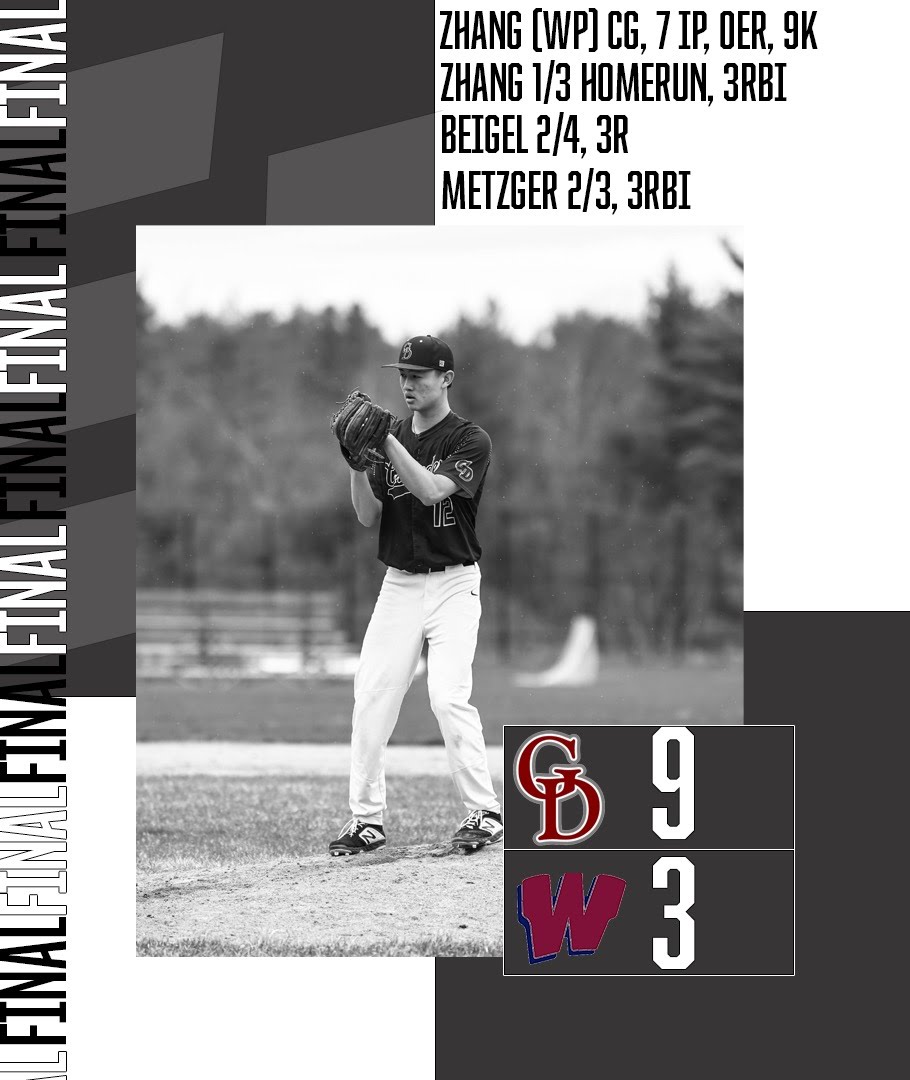 GDRHSBaseball's tweet photo. Zhang day was a success. Set the tone on offense (3R HR) and defense (7IP 0 ER 9K). Special guy! WashU in St Louis is getting a good one! Last league game in Fitchburg on Wednesday and then it's postseason time!  @tgsports @GDCrusaders https://t.co/wHEveBxl41