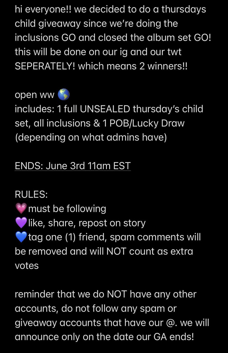 bangtanscollect's tweet photo. #TXT #Thursdays_Child  FULL SET GIVEAWAY (all album inclusions &amp; 1 pob/lucky draw) 
open ww 🌍
rules: 
- must be following 
- like rt and tag 1 friend  
ends: june 3rd 11AM EST https://t.co/bw0Yl2NkpM