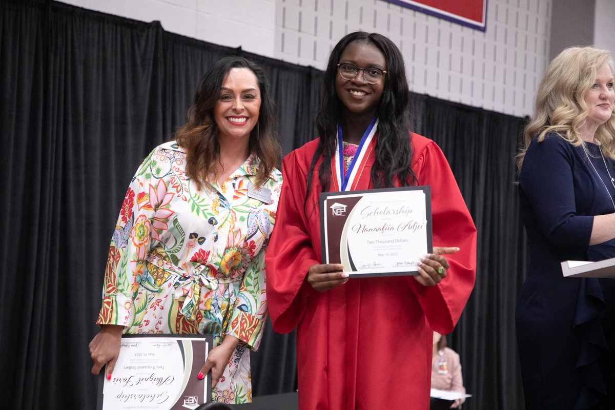 IsupportNEF's tweet photo. NEF Board Member Alba Garza presented three NEF Encouraging Excellence Scholarships in the amount of $2,000.

Congratulations, Nanaafiia Adjei, Abigail Faris and Caleb Lorimor! @NHSTexans https://t.co/SxYNEK4N2F