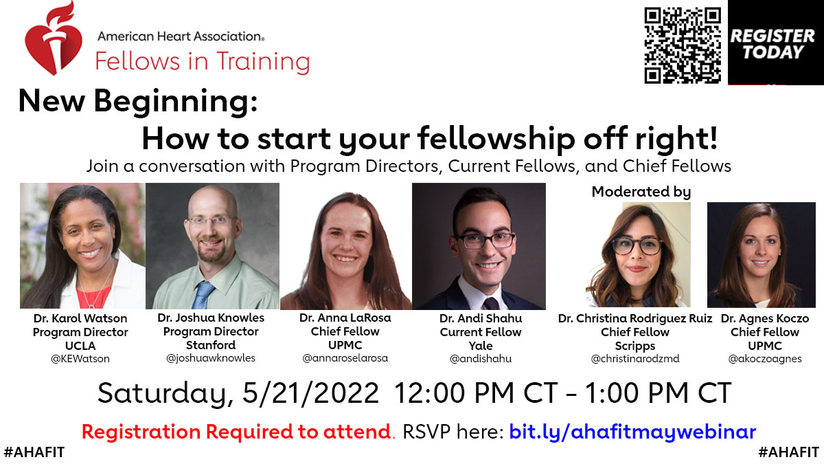 AkoczoAgnes's tweet photo. Starting cardiology fellowship and unsure what to expect? Join us this Saturday, May 21st, @ 12pm CST to hear from an amazing panel of PDs @kewatson and @joshuawknowles, chief fellow @annaroselarosa and @andishahu about how to start fellowship off right! https://t.co/4kADOpK1st