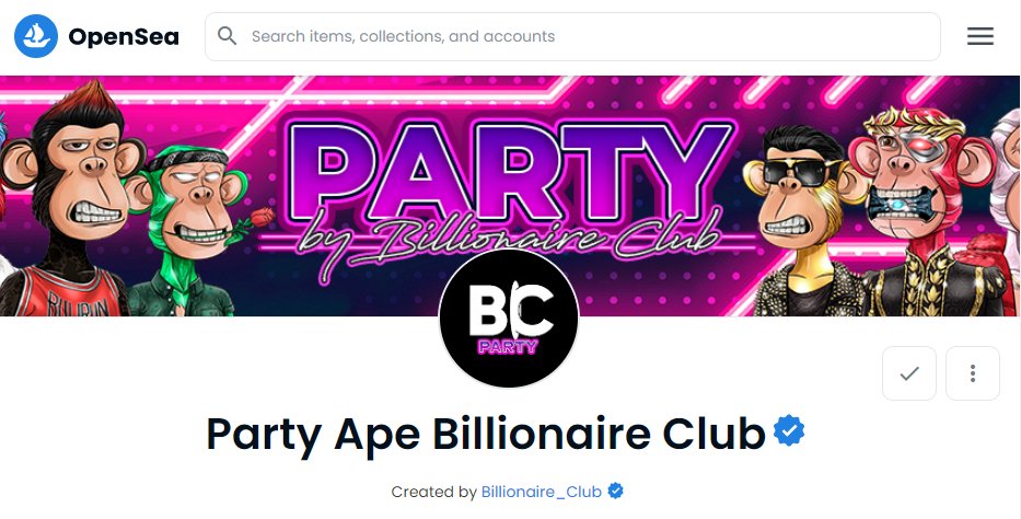 <a href="/billionclubnft/">Billionaire Club NFT</a>'s Party Ape collection is officially verified on OpenSea 🥳🚀

The Cyborg collection will be next 💯

#billionaireclubnft #bc #NFTCommmunity #NFT