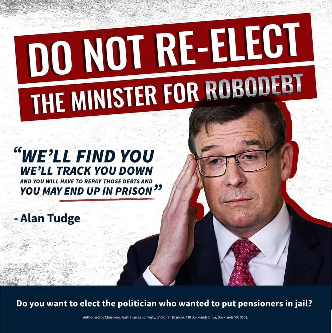 Russycook's tweet photo. @PhillipCoorey 4 days to Go!
Those is #Aston
#Robodebt - Alan Tudge's most unjust and unlawful program
Do you want to elect the man who wanted to put pensioners in Jail?
VOTE 1️⃣ @MaryDoyle4Aston
For #ABetterFuture
#MaryForAston #AstonVotes #Tudge #AlboForPM #ausvotes #Auspol #voteTudgeout https://t.co/BKMXLyjeHo