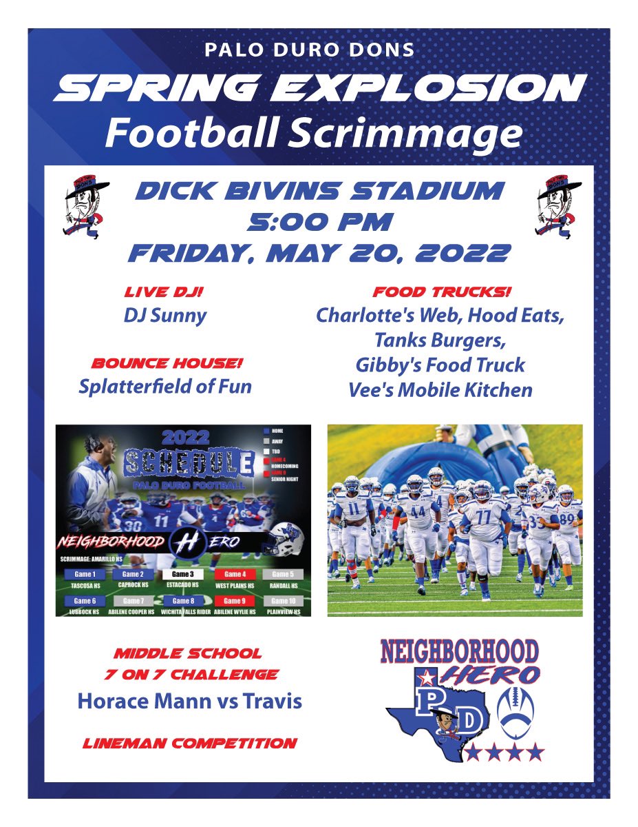 Eric_Mims_Sr's tweet photo. Spring game Friday at Dick Bivins. Pull up &amp; support the Dons &amp; future Dons. There will be something for everyone, food trucks, bounce house, live DJ, Friday Night Lights. 
#NeighborhoodHero
#NorthsidePride
#AverageIsOver https://t.co/JPTmcCcAwO