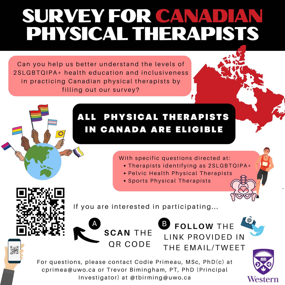 !!Attention physical therapists &amp; residents in Canada!! 
Please fill out this survey evaluating 2SLGBTQIPA+ inclusiveness &amp; education in a Canadian context by either 1) scanning the QR code in the poster or 2) clicking the link in the bio. 

Participation is greatly appreciated!