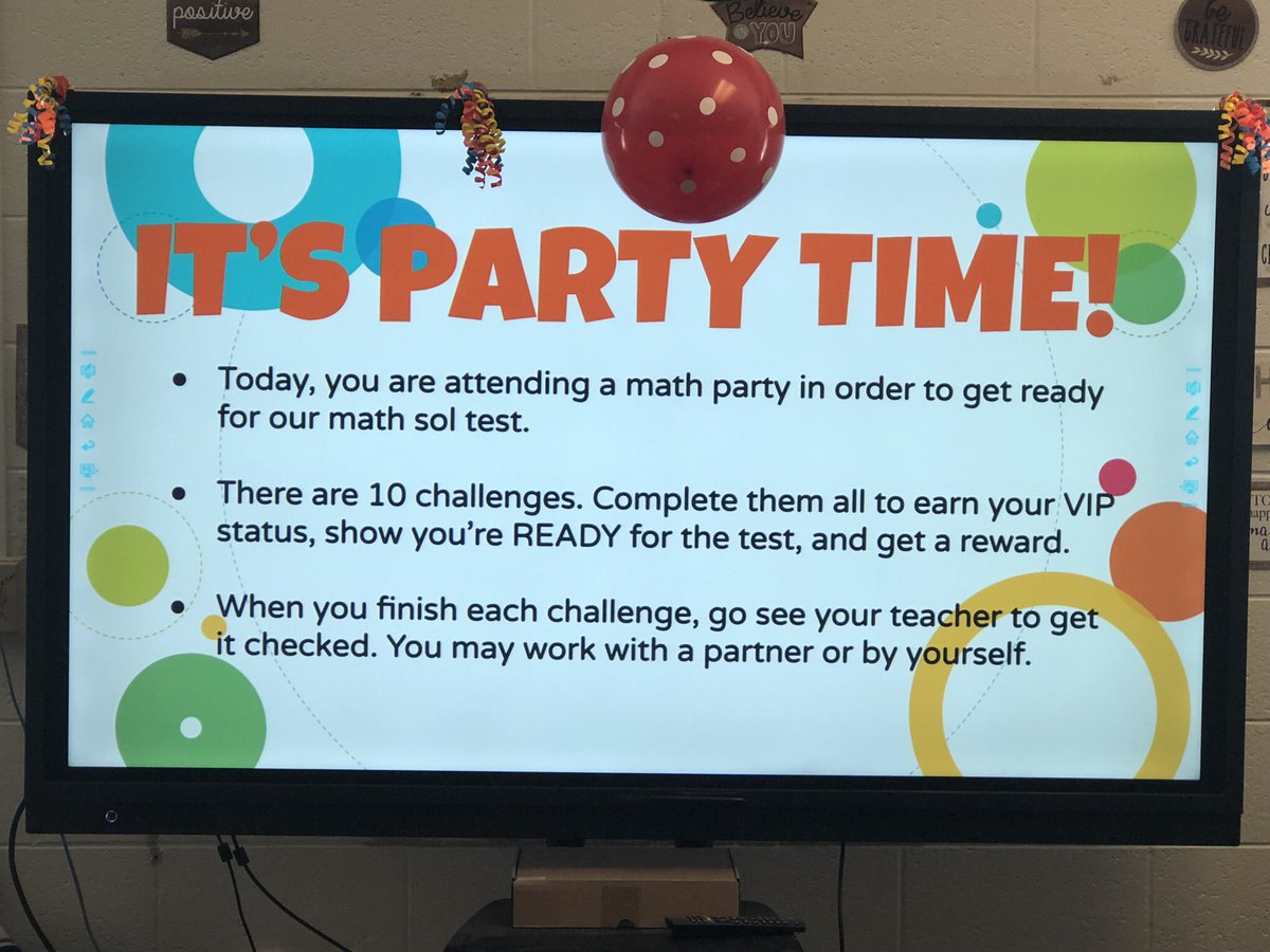 _Tfantkacik's tweet photo. Few days before math sol testing, what do you do? Throw a party to review math skills, of course. There were invitations, party favors, silly costumes and yummy rewards for finishing 10 challenges. Huge shout out to my fave coworker for trying new ideas . #lcsedu @BedfordHillsES https://t.co/XPpywYgula