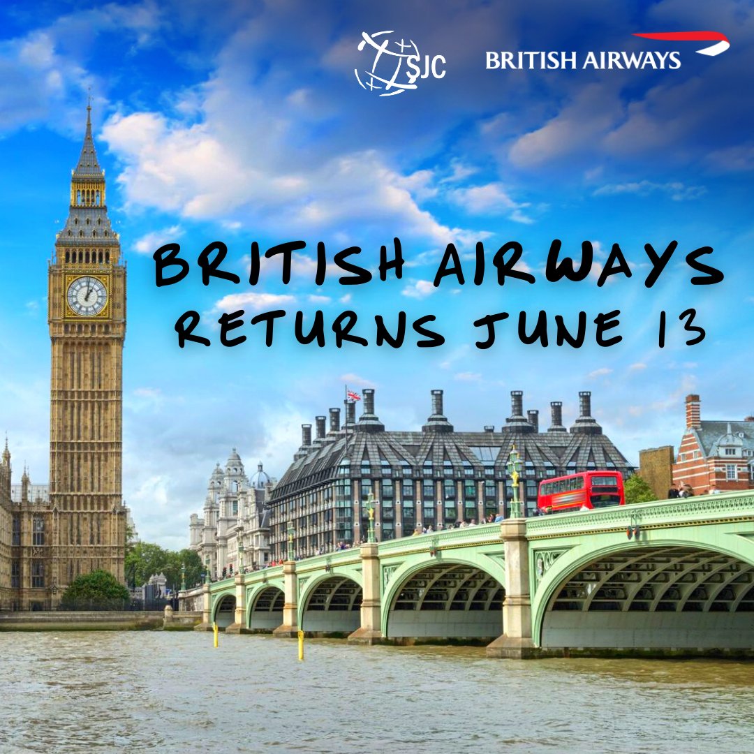 FlySJC's tweet image. The time has finally come: @British_Airways returns to SJC on June 13, and tickets are available NOW! WOOHOO! 🥳❤️💙

Tell your mates, and let's see how many British flags we can get in the replies 🇬🇧🇬🇧🇬🇧 #FlySanJose