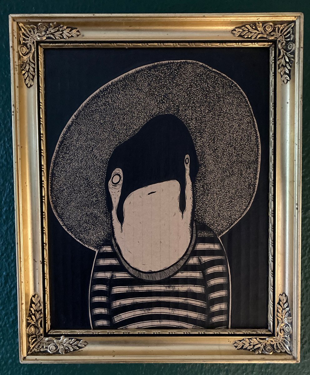 bMossmanProd's tweet photo. "The Day Before He Met The Love Of His Life" Ink on cardboard. 21.5 x 27.5 cm / 8.5" x 11".  https://t.co/4rvWkwiBLJ #bmossman #bradmossman #cardboard #cardboardart #ink #inkoncardboard #afro #bigfro #bighair #stripedtee #bigafro #indiaink #art #painting #brushandink #goldframe https://t.co/EbJO9SByDb