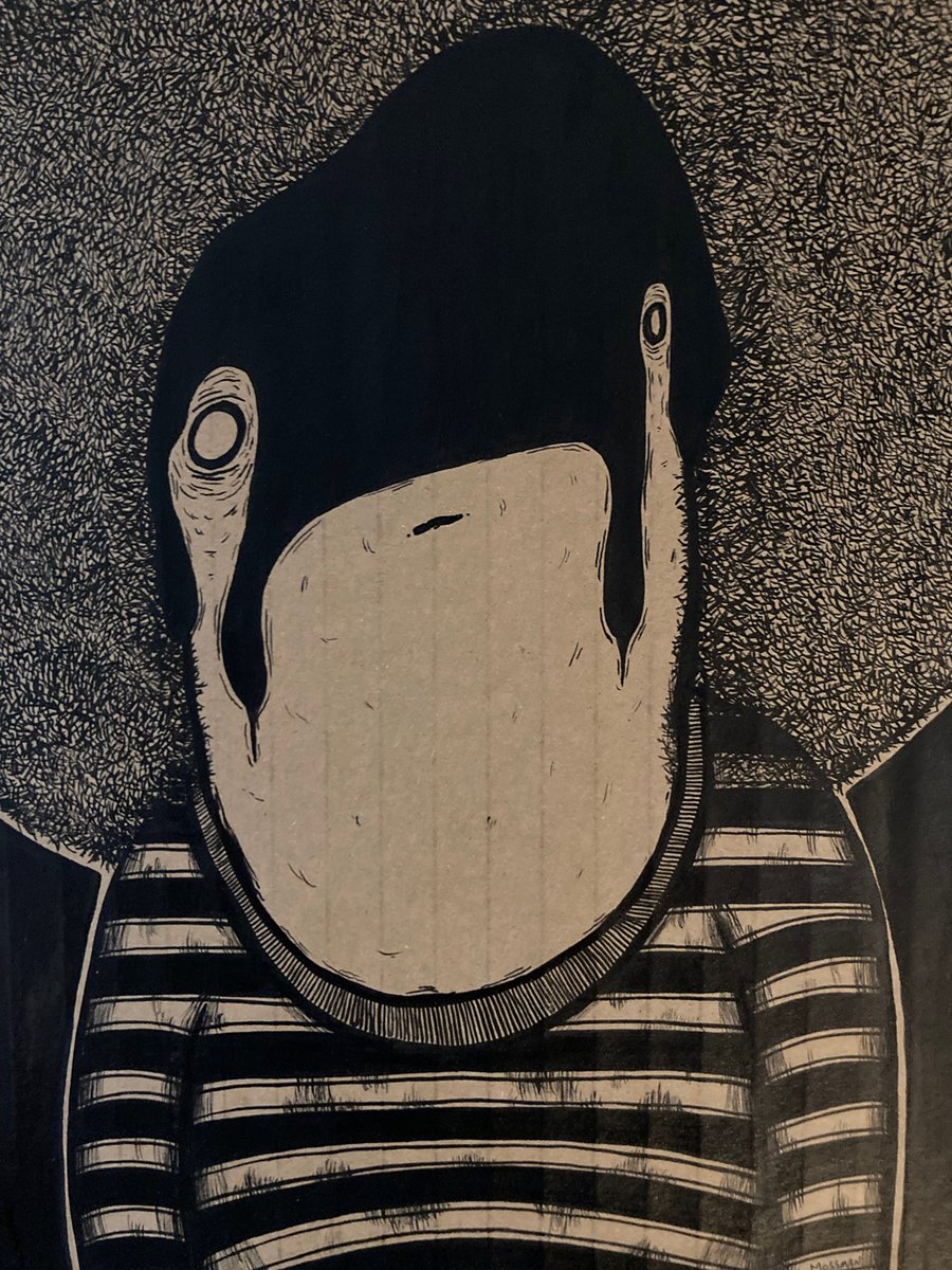 bMossmanProd's tweet photo. "The Day Before He Met The Love Of His Life" Ink on cardboard. 21.5 x 27.5 cm / 8.5" x 11".  https://t.co/4rvWkwiBLJ #bmossman #bradmossman #cardboard #cardboardart #ink #inkoncardboard #afro #bigfro #bighair #stripedtee #bigafro #indiaink #art #painting #brushandink #goldframe https://t.co/EbJO9SByDb