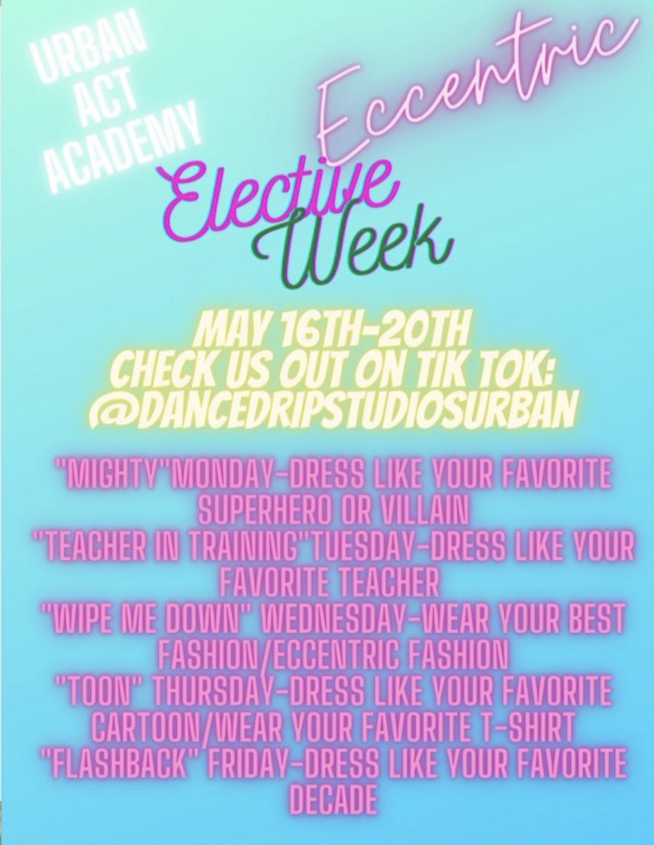 URBANACTIndy's tweet photo. It’s Eccentric Elective Week, and our last full week of school! Come dressed in your best, and head over to our Instagram page where we’ll be spotlighting each of our talented electives teachers! #UAA #ACommunityTogether #spiritweek https://t.co/oPPfsyQoVC