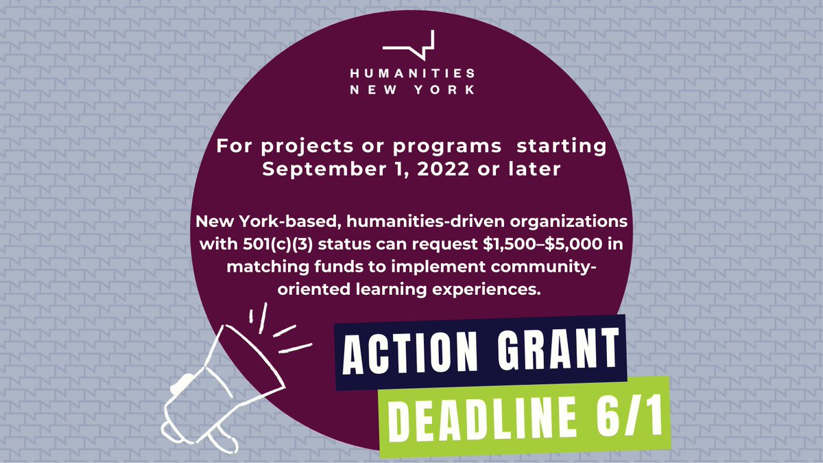 NYhuman's tweet photo. MT @humanitiesny: GRANT OPPORTUNITY— The next Action Grant deadline is 6/1 for projects/programs starting 9/1 or later. NYS tax-exempts eligible to request up to $5K in matching funds to implement public programs.

🔗 https://t.co/nSoDldq8l6 https://t.co/PlzyTbFXlC