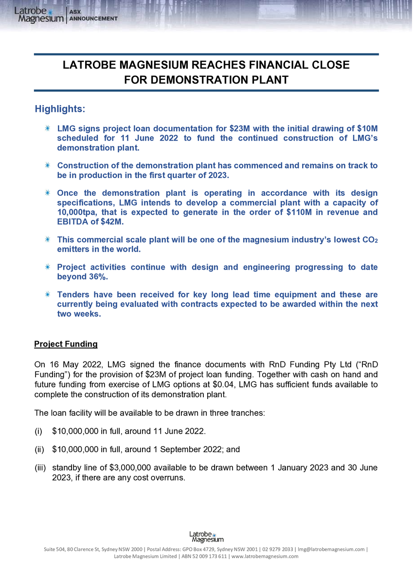 LMG_Magnesium's tweet photo. We’ve just released the following announcement to the market:

$LMG LMG Reaches Financial Close For Demonstration Plant

Full announcement at https://t.co/W5MHglfiib https://t.co/uivPbLaFiC