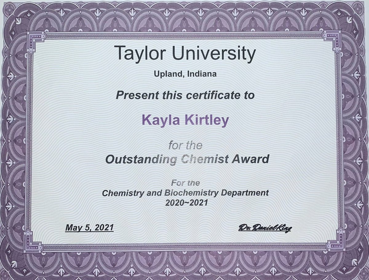 TaylorU_WBB's tweet image. So proud of one of our seniors, Kayla Kirtley, who received Taylor University’s Outstanding Chemist Award! Congrats Kayla!
