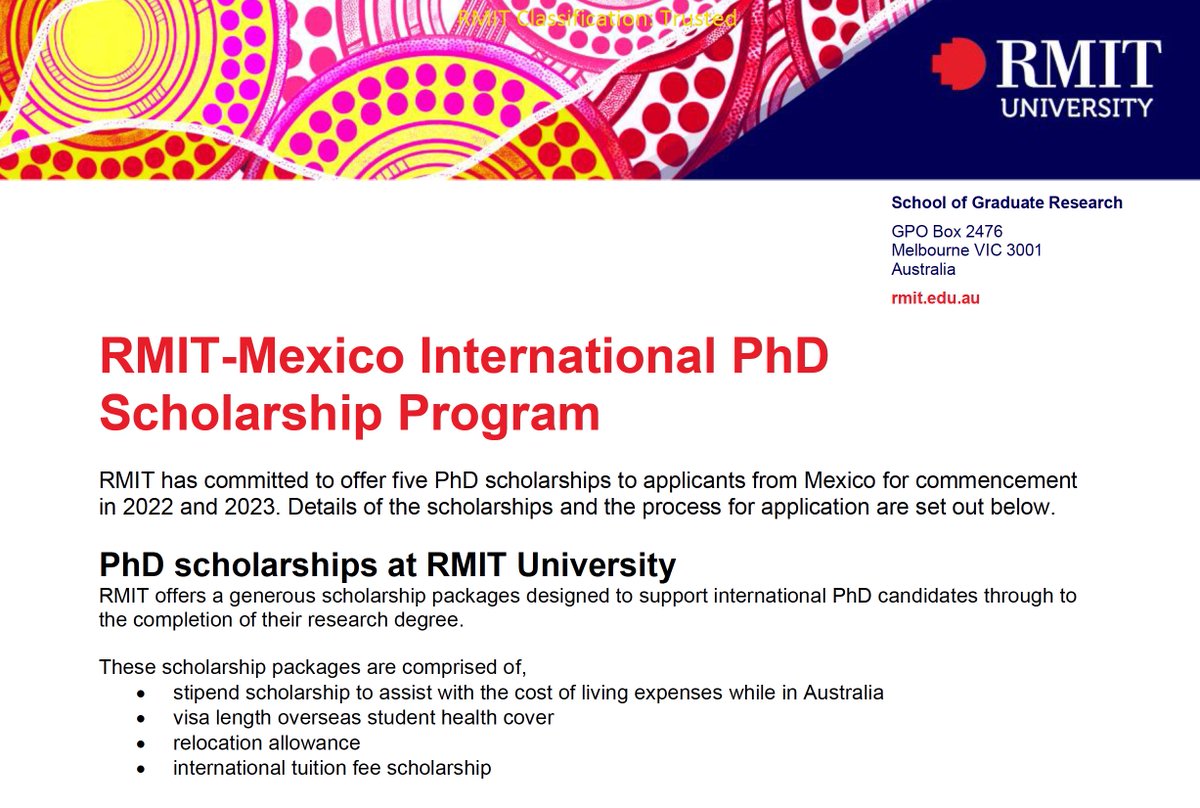 Healthy Foundations Research Group (@neurodevhd) on Twitter photo Do you have any contacts in #Mexico 🇲🇽 who are looking for #PhD opportunities? RMIT is sponsoring international PhD scholarships - please spread the word!!
Scheme championed by <a href="/MagdalenaPleba2/">Magdalena Plebanski</a>
See projects @ rmit.edu.au/research/resea… Do you have any contacts in #Mexico 🇲🇽 who are looking for #PhD opportunities? RMIT is sponsoring international PhD scholarships - please spread the word!!
Scheme championed by <a href="/MagdalenaPleba2/">Magdalena Plebanski</a>
See projects @ rmit.edu.au/research/resea…