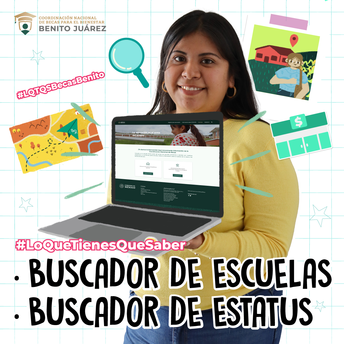 BecasBenito's tweet photo. ¡NUEVO #LQTQSBecasBenito! 

Mafer te explica cómo utilizar nuestros nuevos Buscadores de Escuelas y de Estatus.  

Dale play y conoce todos los detalles▶️ https://t.co/nghfjx8oh5 

¡Comparte este video con tus amigas o amigos becarios! 

#LoQueTienesQueSaber  
#MiBecaBenitoJuárez https://t.co/sk9TzvuI5S
