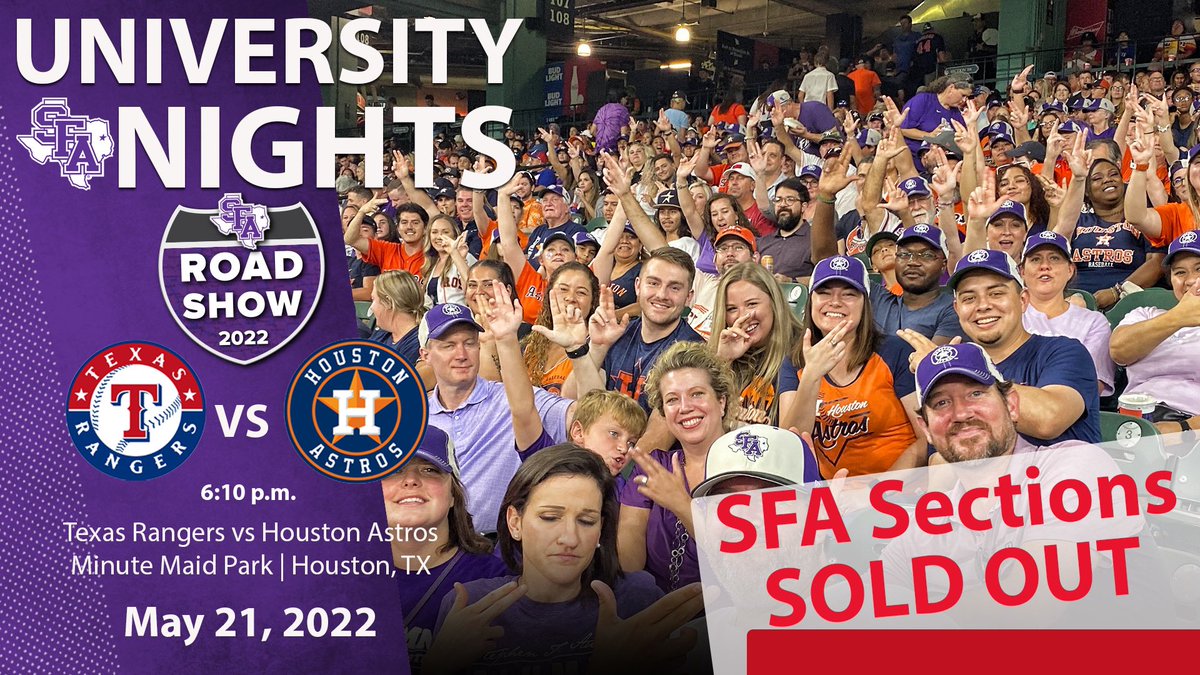 sfa_alumni's tweet photo. It’s going to be a GREAT weekend in Houston, ‘Jacks!
S/O to you! All SFA Sections at Saturday’s @astros game are now officially sold out.
We will be at The Truck Yard on Friday at 6 p.m to kick off the #SFARoadShow and look forward to seeing lots of purple this weekend. https://t.co/qPesHXdAFn
