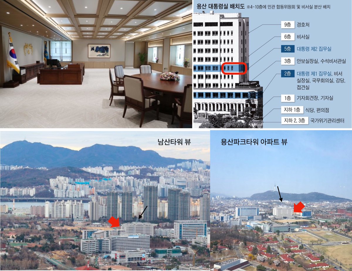 신문 기사만 봐도 대통령 집무실 위치까지 그대로 특정되는데 지도 가리는게 무슨 소용있나 싶어요. 북향은 아닐테니 저 위치일테고. 창은  아파트 병풍 뷰 일테지만 건너편 700m 거리 아파트에서도 보일 수 있으니 보안상 항상 커튼은