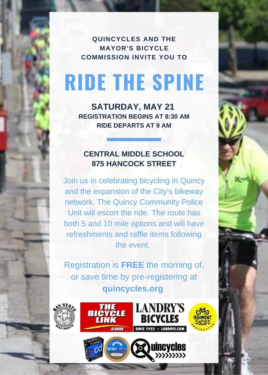 Join us Saturday morning to Ride the Spine of Quincy — free raffle of prizes from local bike shops and donuts from Quincy’s own Dunkin’ #baystatebikemonth #landrysbikes #ashmontcycles #thebicyclelink